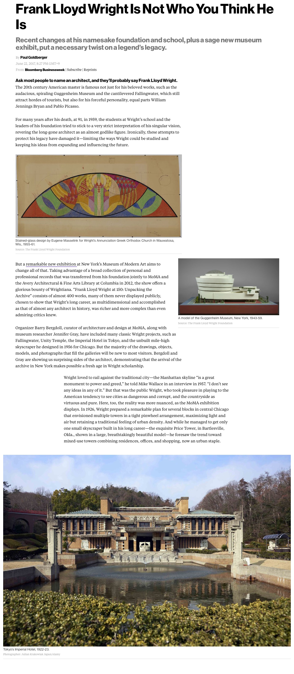 Screenshot of an article about Frank Lloyd Wright published by Bloomberg Pursuits.