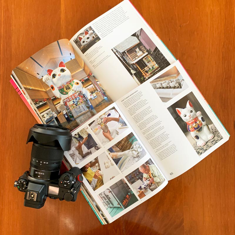 Picture of two open books and Nikon Z6 camera, showing pictures of Maneki Neko cat.